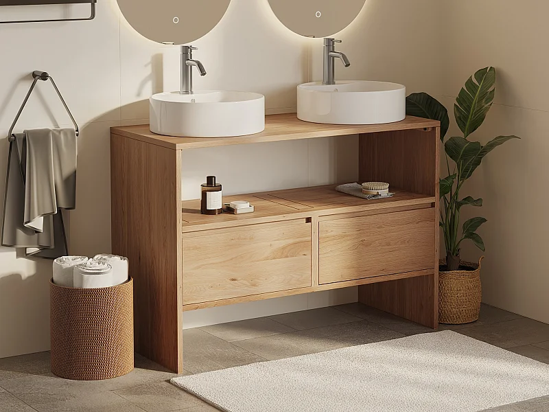 Unterschrank aus Massivholz Eiche mit rundem Aufsatzbecken und Armatur - Hell Natur - 110 cm - CAVIZO