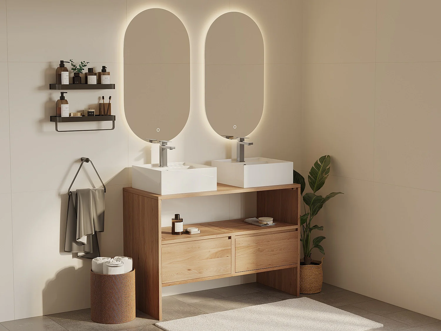 Unterschrank aus Massivholz Eiche mit quadratischem Aufsatzbecken, Armatur und Spiegel - Hell Natur - 110 cm - CAVIZO