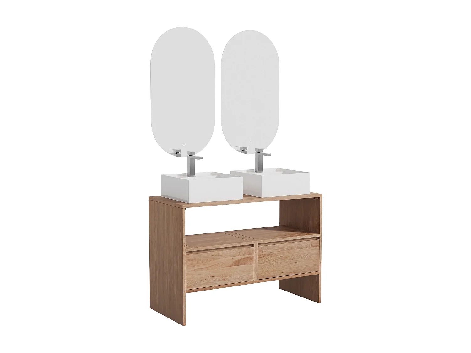 Unterschrank aus Massivholz Eiche mit quadratischem Aufsatzbecken, Armatur und Spiegel - Hell Natur - 110 cm - CAVIZO