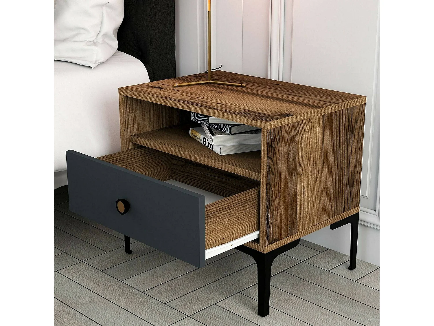 Chevet Seraph, Commode basse, Table de nuit, Étagère de chevet, 56x40h51 cm, Noyer et Anthracite