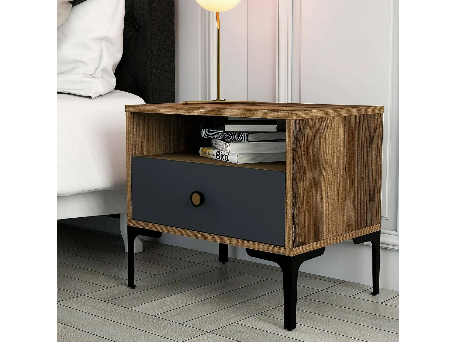 Chevet Seraph, Commode basse, Table de nuit, Étagère de chevet, 56x40h51 cm, Noyer et Anthracite