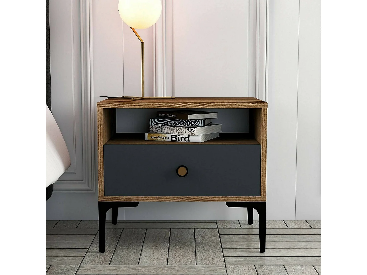 Chevet Seraph, Commode basse, Table de nuit, Étagère de chevet, 56x40h51 cm, Noyer et Anthracite