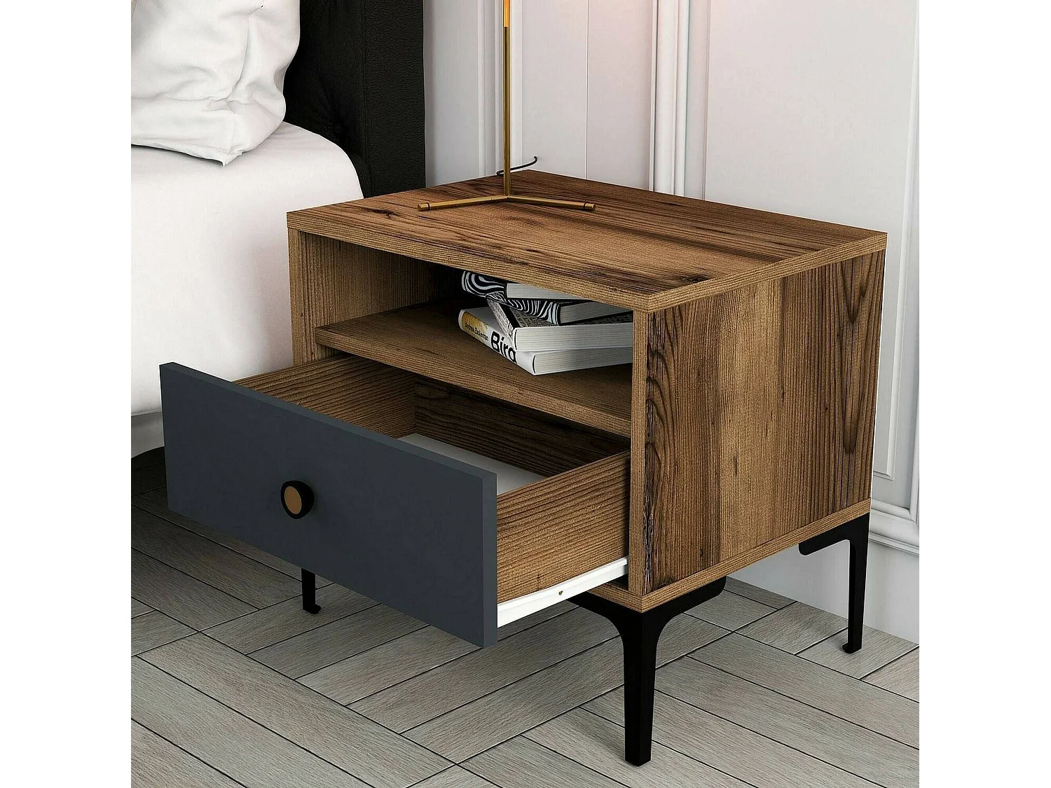Nachttisch Dpidon, Niedrige Kommode, Tisch, Multifunktionaler Nachttisch, 56x40h51 cm, Walnuss und Anthrazit