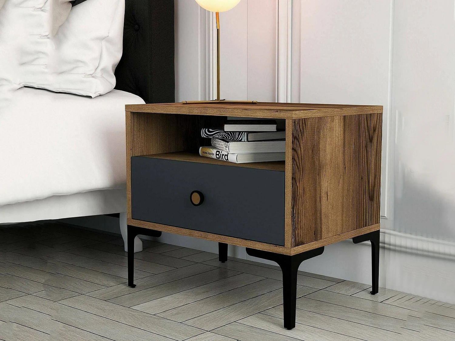 Chevet Seraph, Commode basse, Table de nuit, Étagère de chevet, 56x40h51 cm, Noyer et Anthracite