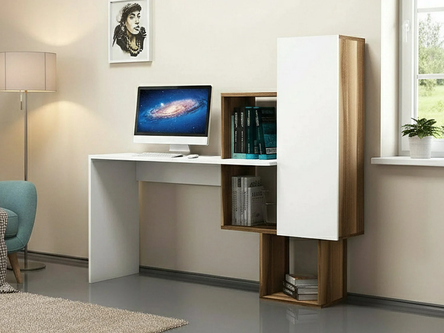 Dmambrin Bureau, Multifunctioneel Bureau, PC Houder Bureau Tafel, Werkblad, 145x45h75 cm, Walnoot en Wit