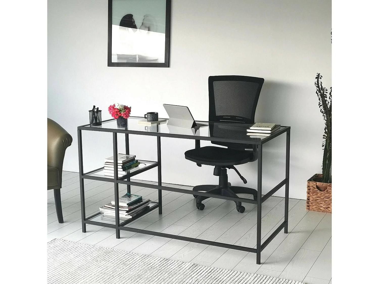 Scrivania Ameglia, 2 Ripiani, 60x130x75h cm Nero