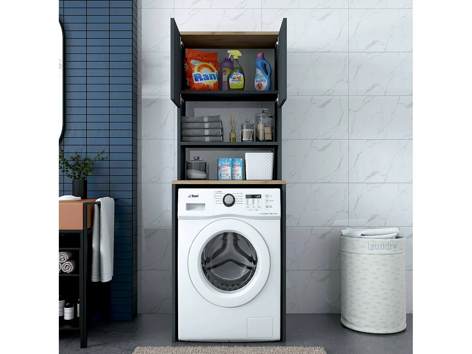 Dgarofal multifunctionele kledingkast 2 deuren, Multifunctionele kast, Schoenenkast, Schoenenkast, 65x60h184 cm, Walnoot en Antraciet