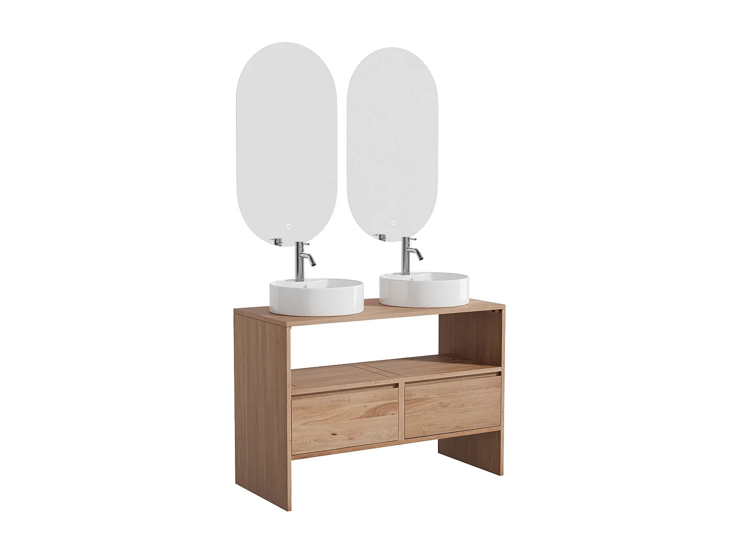 Unterschrank aus Massivholz Eiche mit rundem Aufsatzbecken, Armatur und Spiegel - Hell Natur - 110 cm - CAVIZO