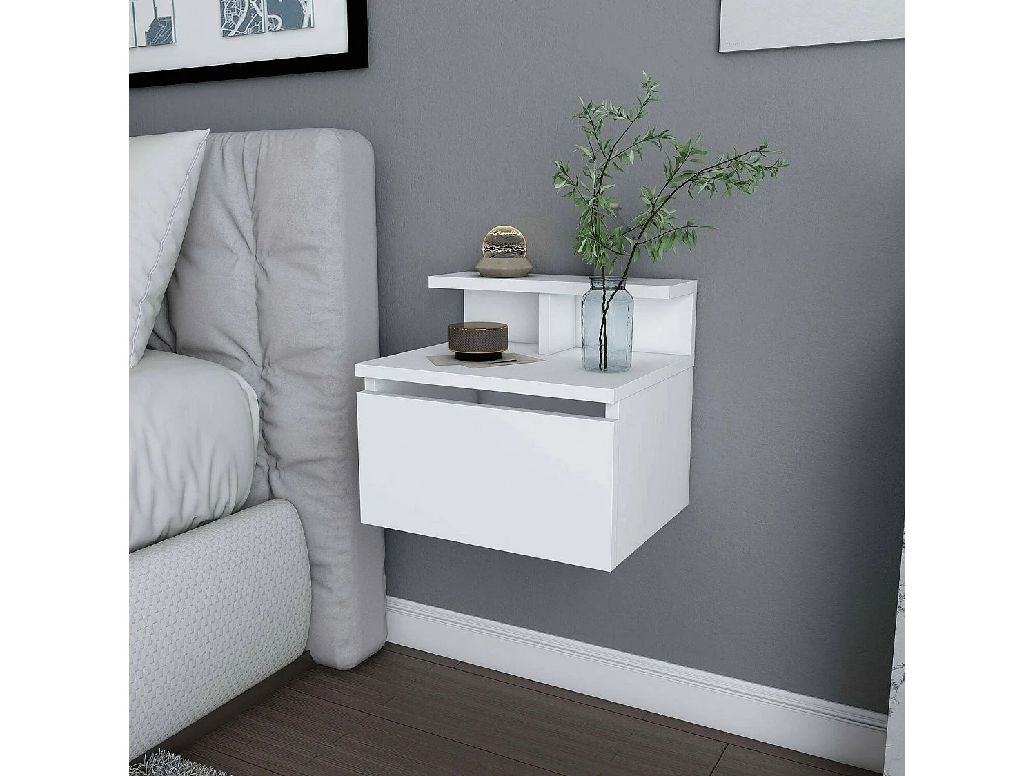 Chevet Sadr, Commode basse, Table de nuit, Étagère de chevet, 40x32h35 cm, Blanc