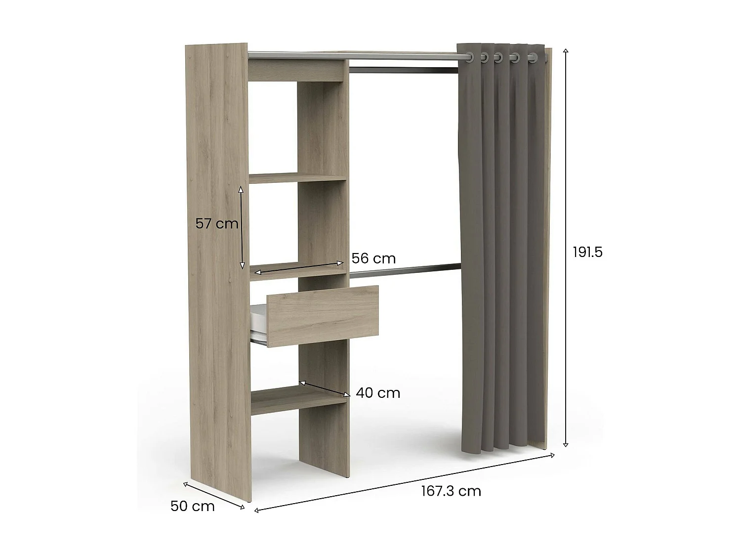 Grande Garde-robe Dcourtne, Meubles de chambre, Penderie de plain-pied, Placard à vêtements, 167x50 h192 cm, Chêne et Blanc mat