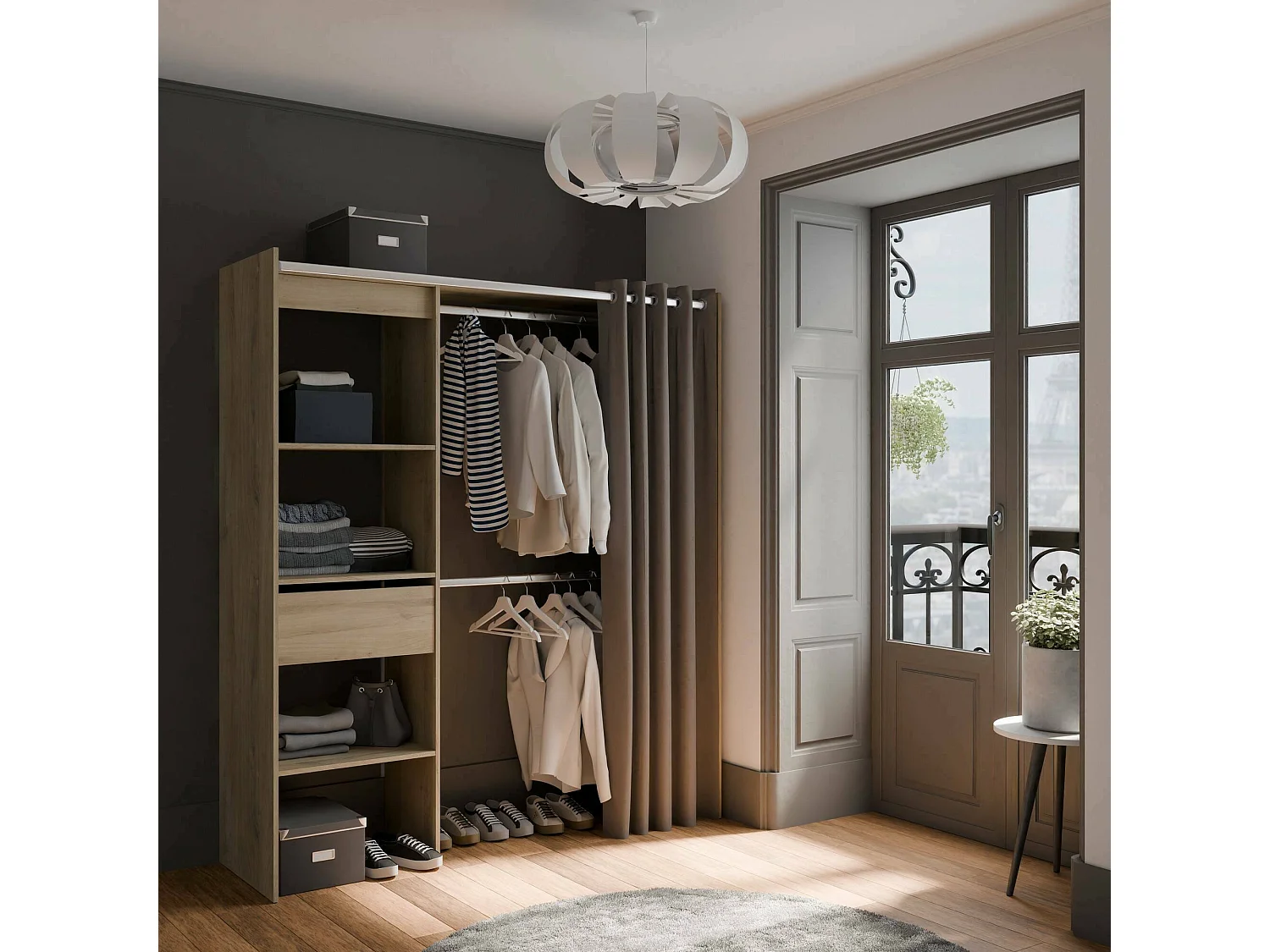 Grande Garde-robe Dcourtne, Meubles de chambre, Penderie de plain-pied, Placard à vêtements, 167x50 h192 cm, Chêne et Blanc mat