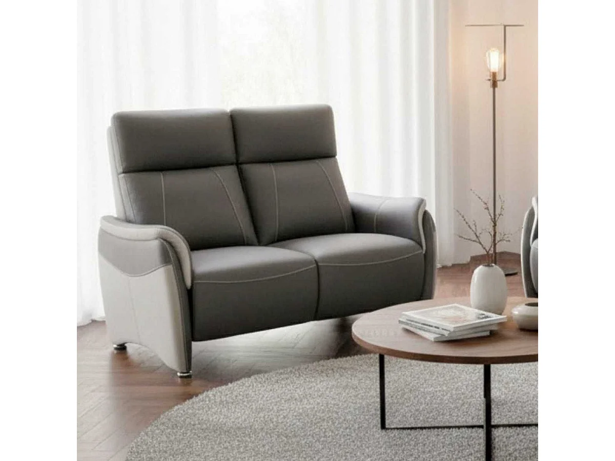 Canapé 2 places fixe tissu micro grain gris plomb et gris perle - SANGY