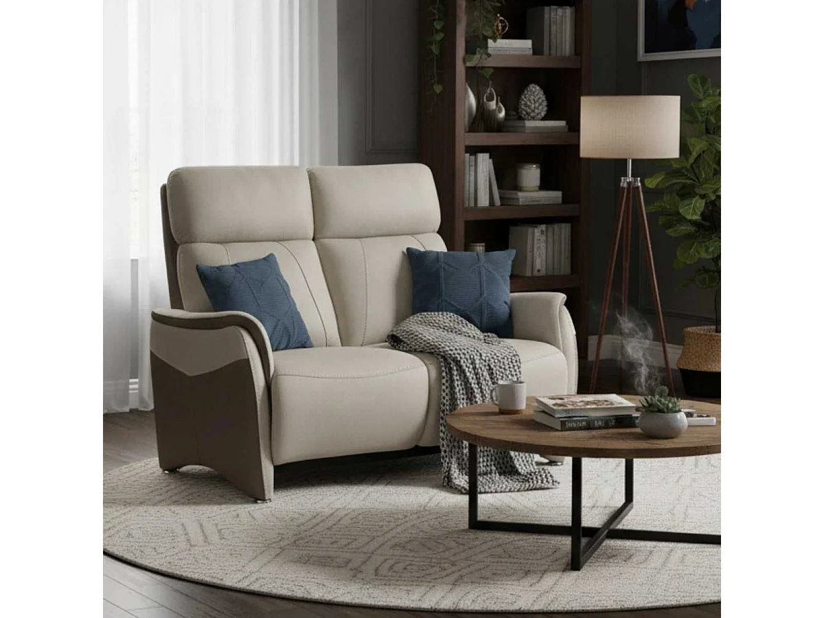 Canapé 2 places fixe tissu micro peau brun taupe et beige mastic - SANGY