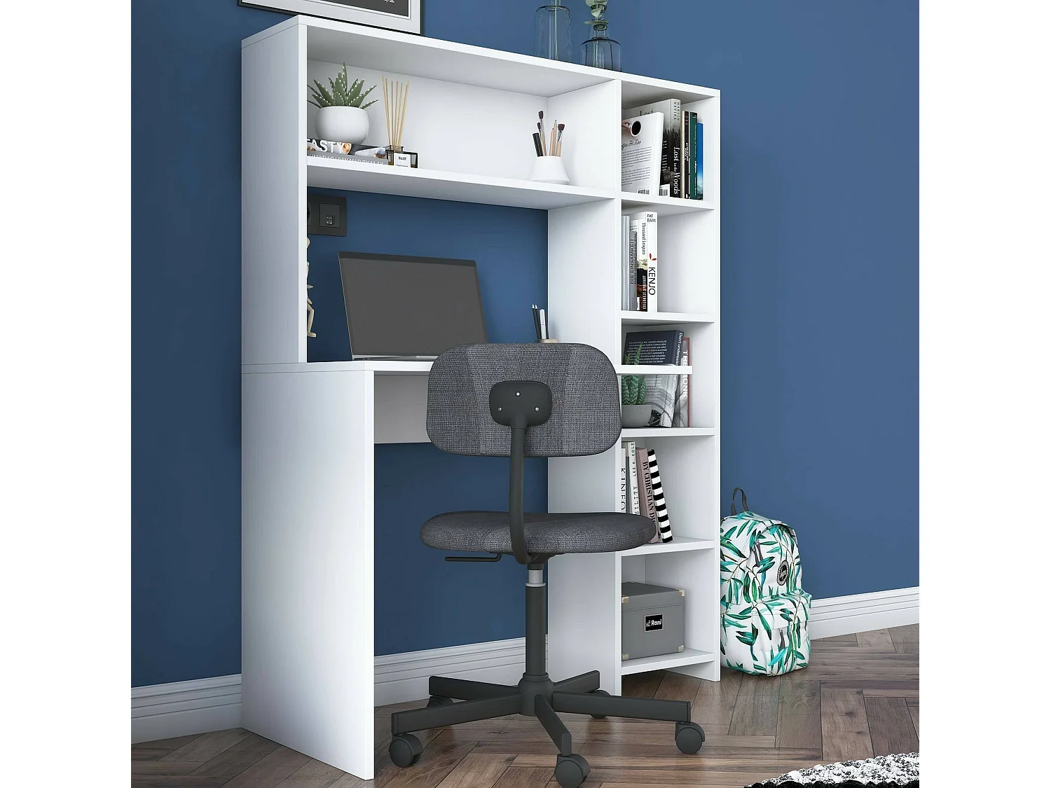 Bureau Callidora, Pupitre polyvalent, Table de bureau pour PC, Plan de travail, 113x40h142 cm, Blanc