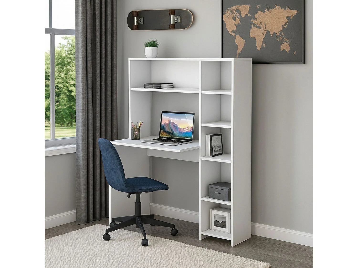 Bureau Callidora, Pupitre polyvalent, Table de bureau pour PC, Plan de travail, 113x40h142 cm, Blanc