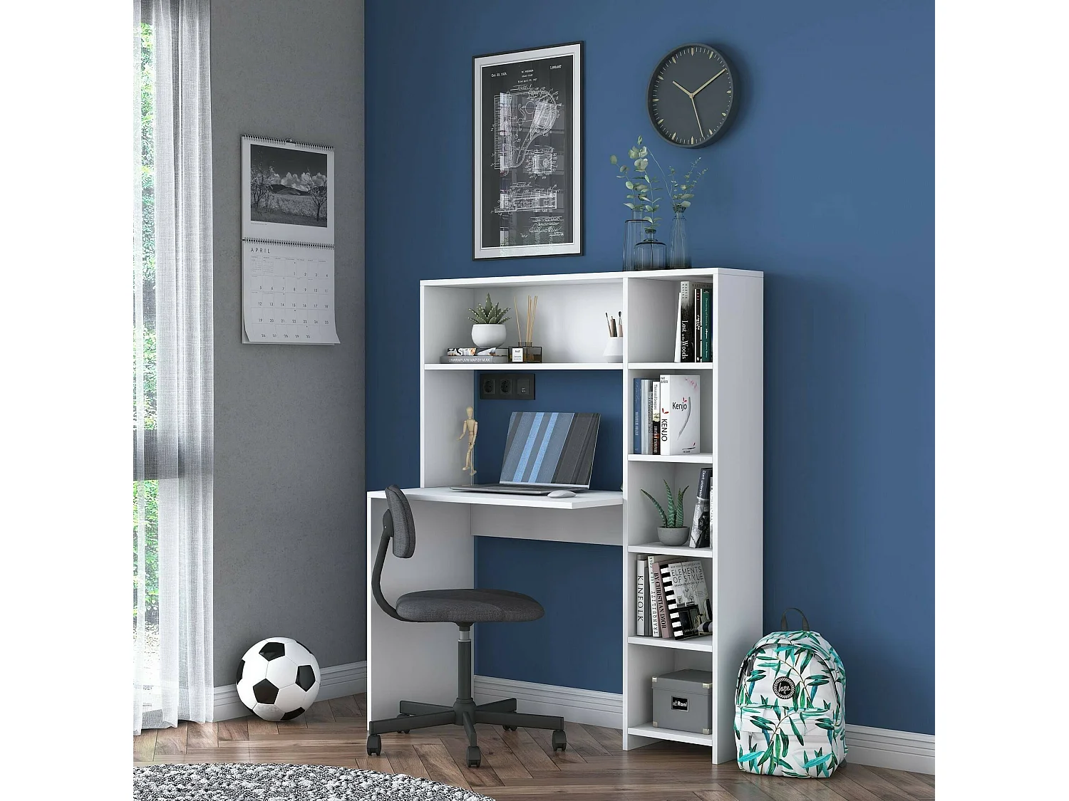 Bureau Callidora, Pupitre polyvalent, Table de bureau pour PC, Plan de travail, 113x40h142 cm, Blanc