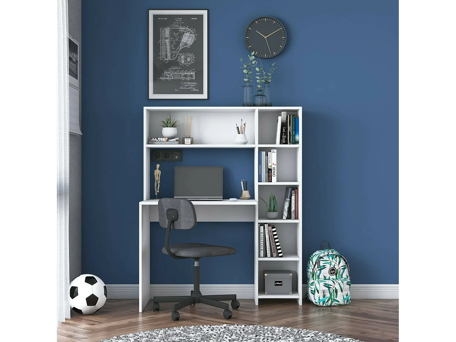 Bureau Callidora, Pupitre polyvalent, Table de bureau pour PC, Plan de travail, 113x40h142 cm, Blanc