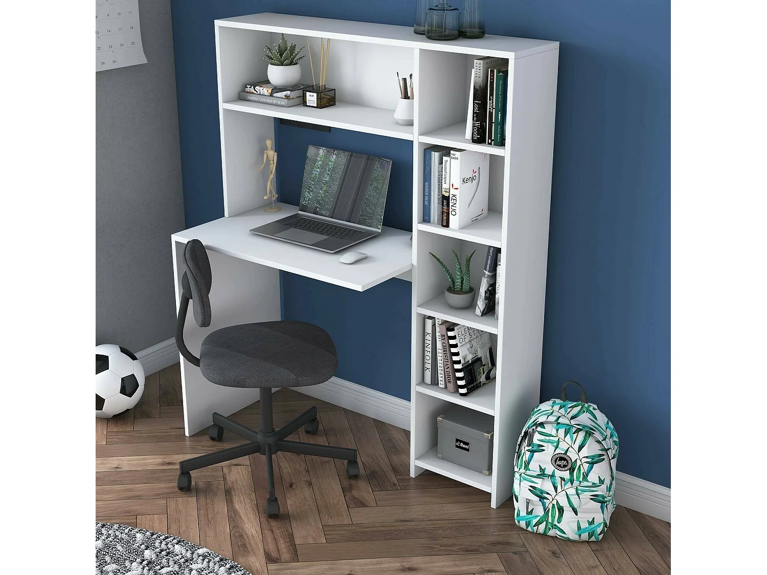 Bureau Callidora, Pupitre polyvalent, Table de bureau pour PC, Plan de travail, 113x40h142 cm, Blanc