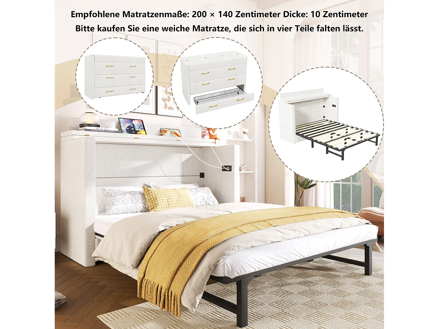 Lit escamotable mobile avec rangement - 140 x 200 cm - avec 1 tiroir + avec USB - plateforme convertible - lin - beige