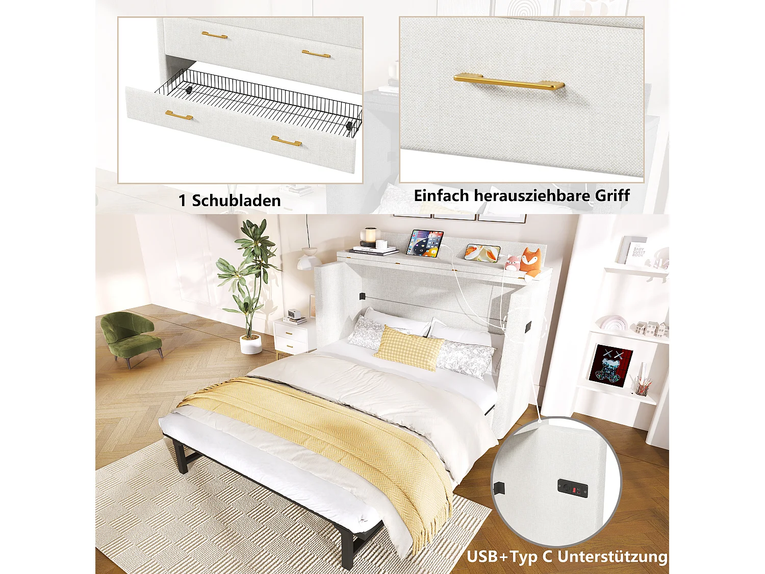Lit escamotable mobile avec rangement - 140 x 200 cm - avec 1 tiroir + avec USB - plateforme convertible - lin - beige
