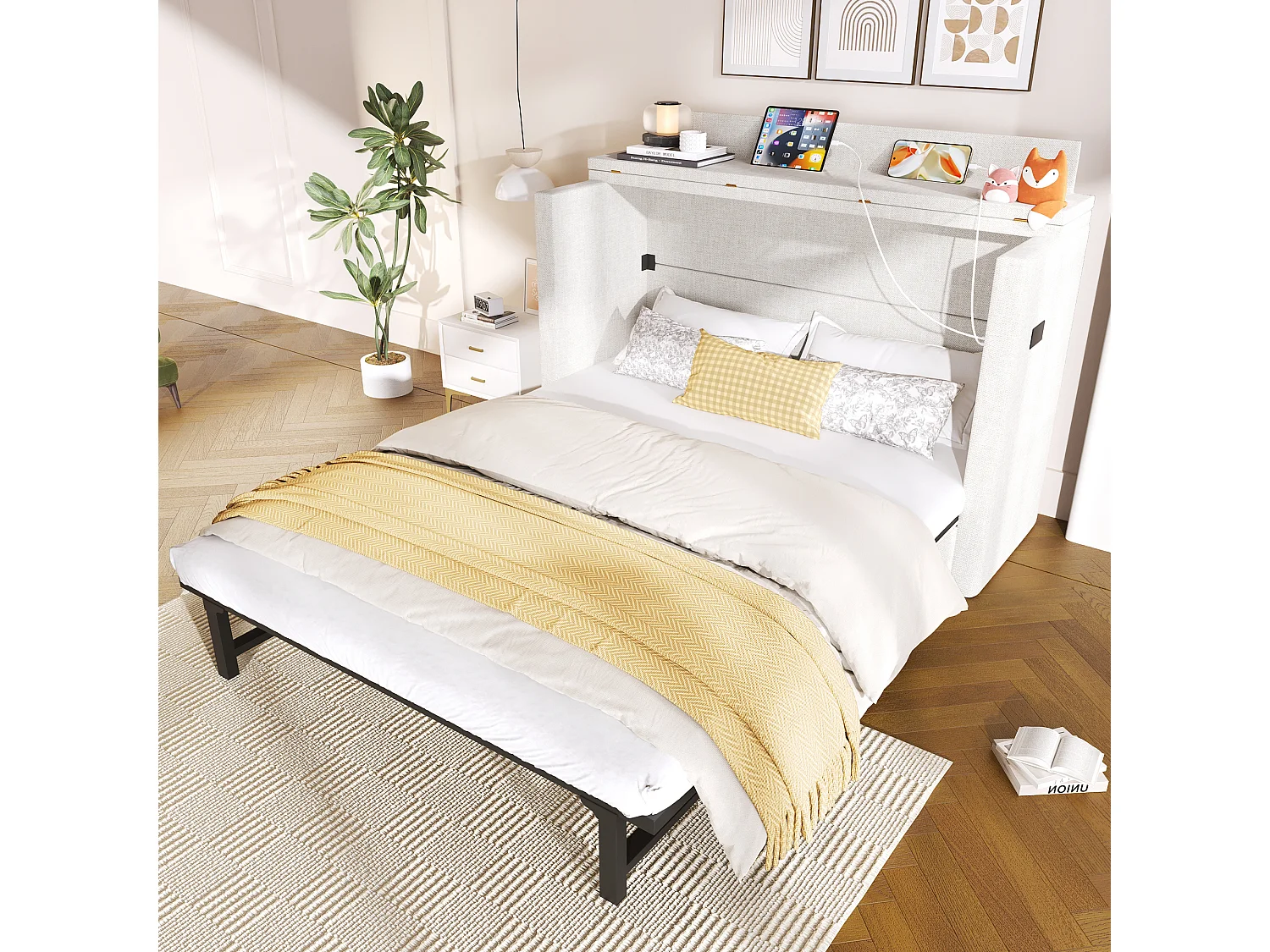 Lit escamotable mobile avec rangement - 140 x 200 cm - avec 1 tiroir + avec USB - plateforme convertible - lin - beige
