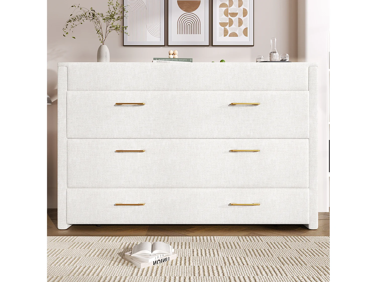 Lit escamotable mobile avec rangement - 140 x 200 cm - avec 1 tiroir + avec USB - plateforme convertible - lin - beige