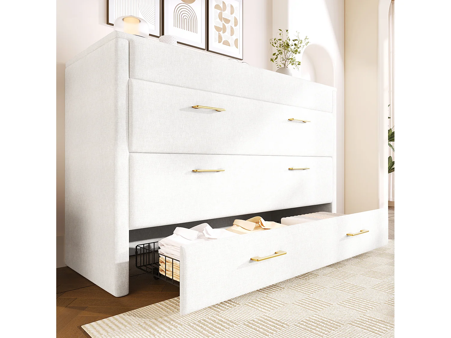 Lit escamotable mobile avec rangement - 140 x 200 cm - avec 1 tiroir + avec USB - plateforme convertible - lin - beige