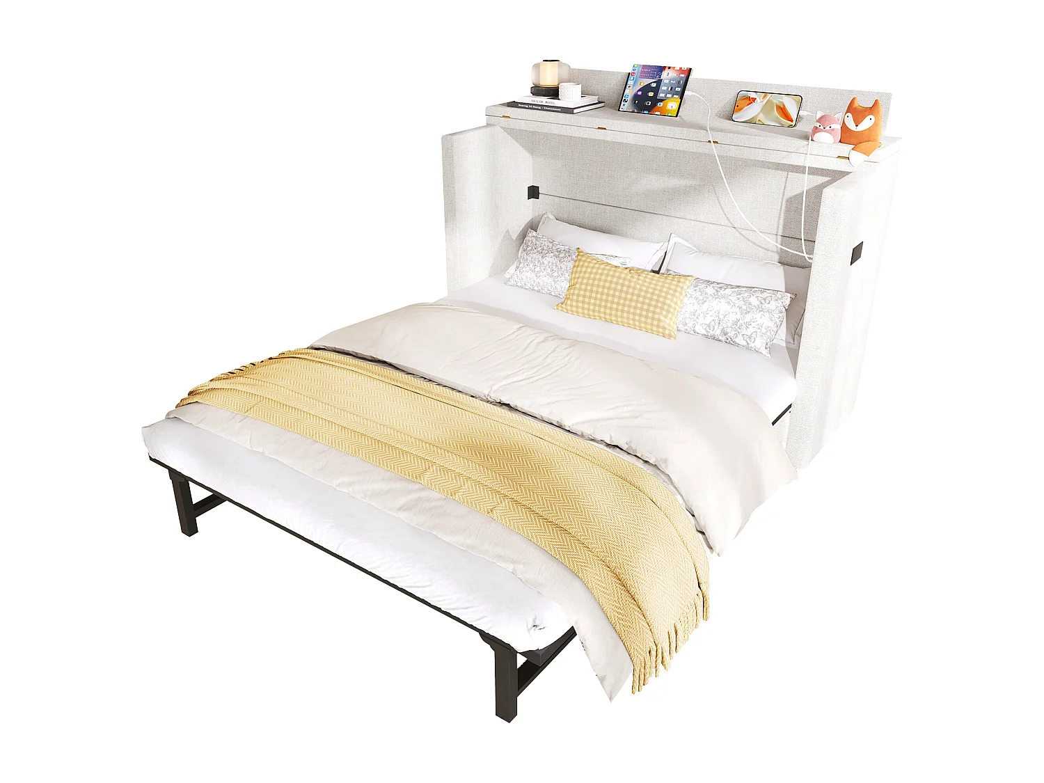 Lit escamotable mobile avec rangement - 140 x 200 cm - avec 1 tiroir + avec USB - plateforme convertible - lin - beige