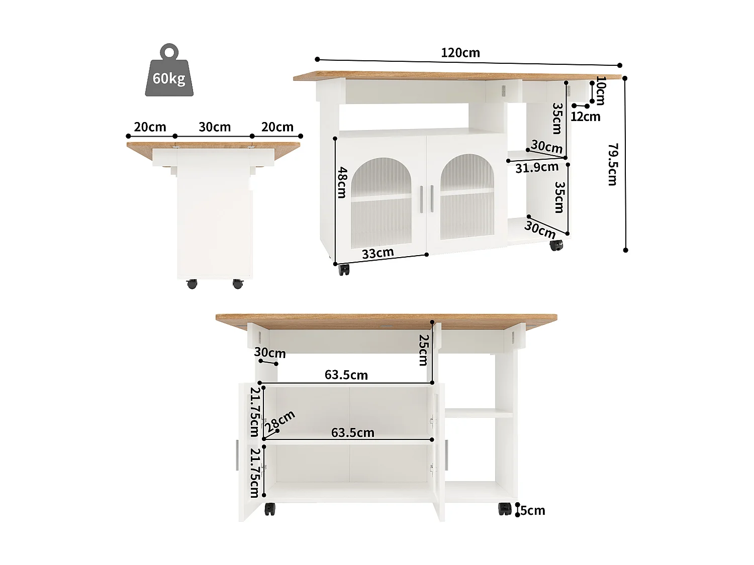 Îlot de cuisine 120x30x79.5 cm, plateau rabattable, roulettes, MDF et verre, naturel, argent et gris, blanc