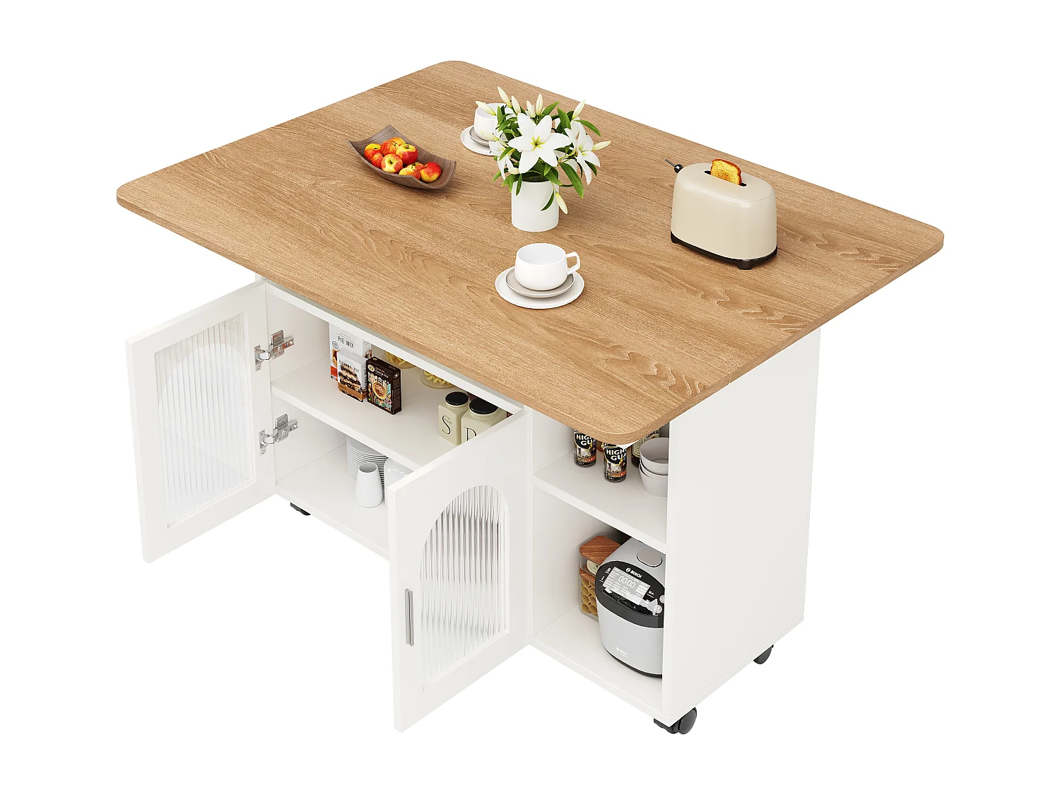 Îlot de cuisine 120x30x79.5 cm, plateau rabattable, roulettes, MDF et verre, naturel, argent et gris, blanc