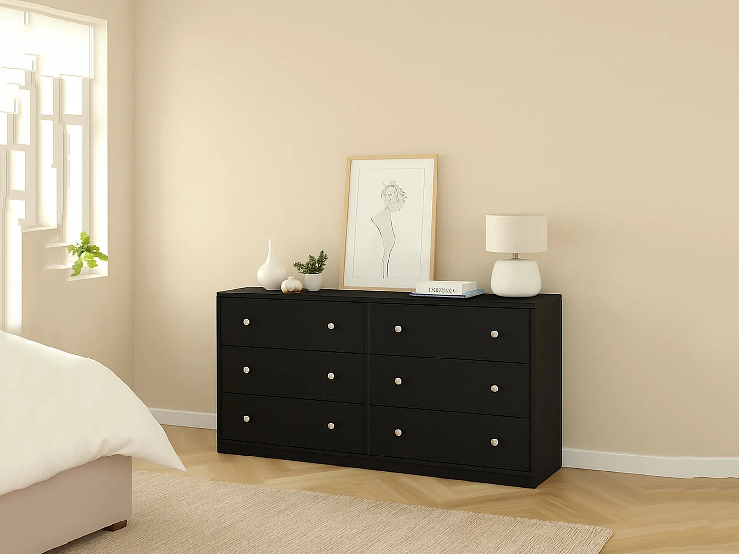 Kommode Dsanto, Wohnzimmerbuffet, Wohnzimmer-Sideboard, Moderne Küchen-Speisekammer, 143x30 h68 cm, Schwarz