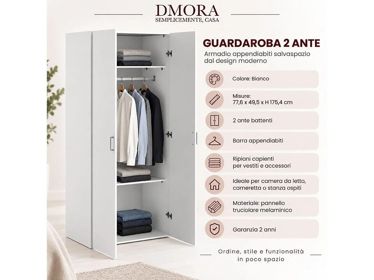Kleiderschrank 2 Türen Dsec, Schlafzimmermöbel, Schrank, Garderobe, 78x50 h175 cm, WeiÃŸ
