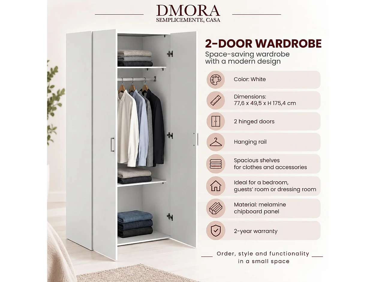 Kleiderschrank 2 Türen Dsec, Schlafzimmermöbel, Schrank, Garderobe, 78x50 h175 cm, WeiÃŸ