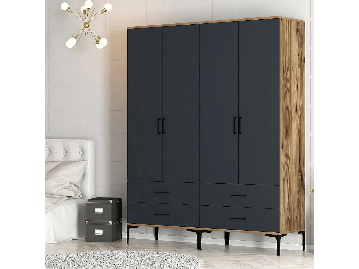 Gran Armario Dfurlott, Muebles de dormitorio, Vestidor, Armario de ropa, 160x201h48 cm, Nogal y Antracita