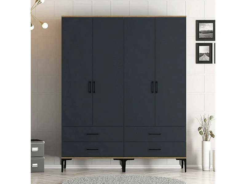 Guardaroba Grande Katrin, 4 Cassetti, 47.5x201.4h cm Nero Antracite, Armadio Camera da Letto