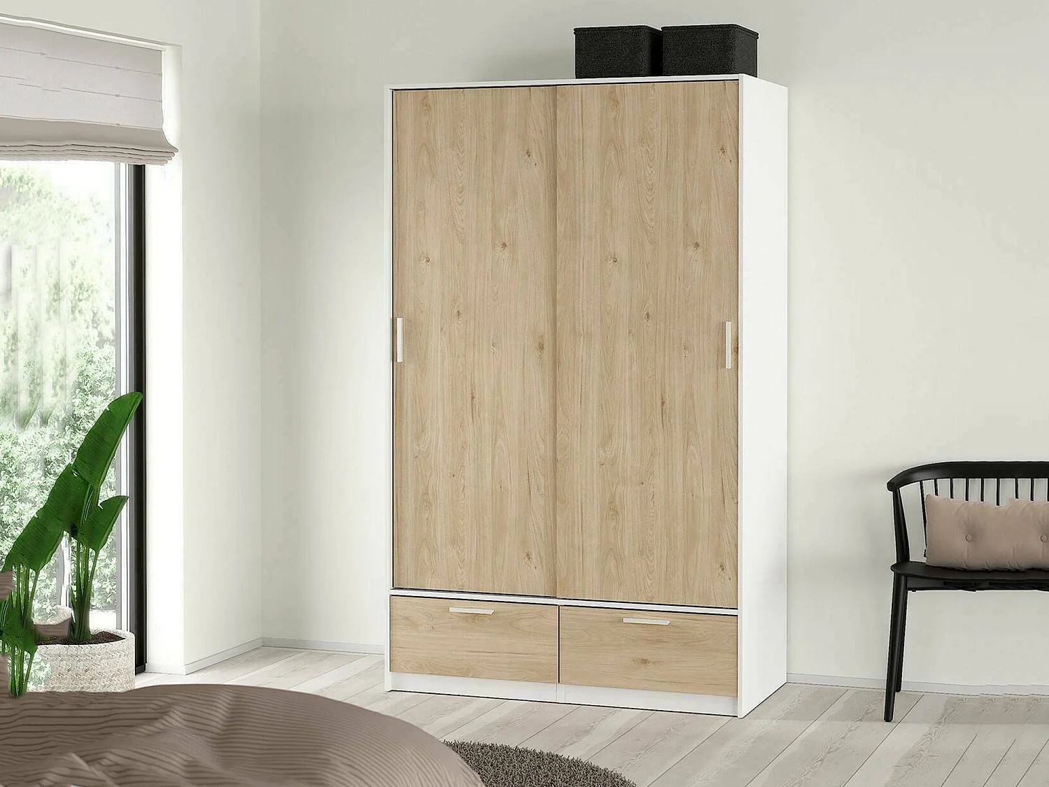 Garde-robe 2 portes Dschoute, Meubles de chambre, Penderie de plain-pied, Placard à vêtements, 121x60 h200 cm, Blanc et Chêne clair