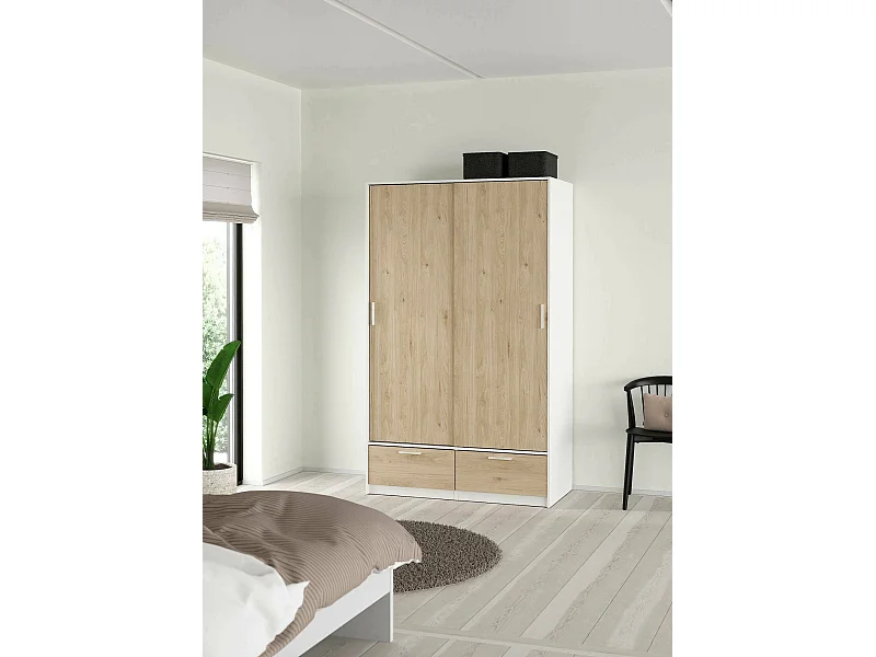 Garde-robe 2 portes Dschoute, Meubles de chambre, Penderie de plain-pied, Placard à vêtements, 121x60 h200 cm, Blanc et Chêne clair