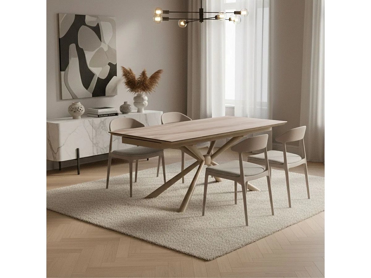Table repas 180x90cm allongeable plateau en verre et céramique finition chêne pied étoile sable - ECLIPSE