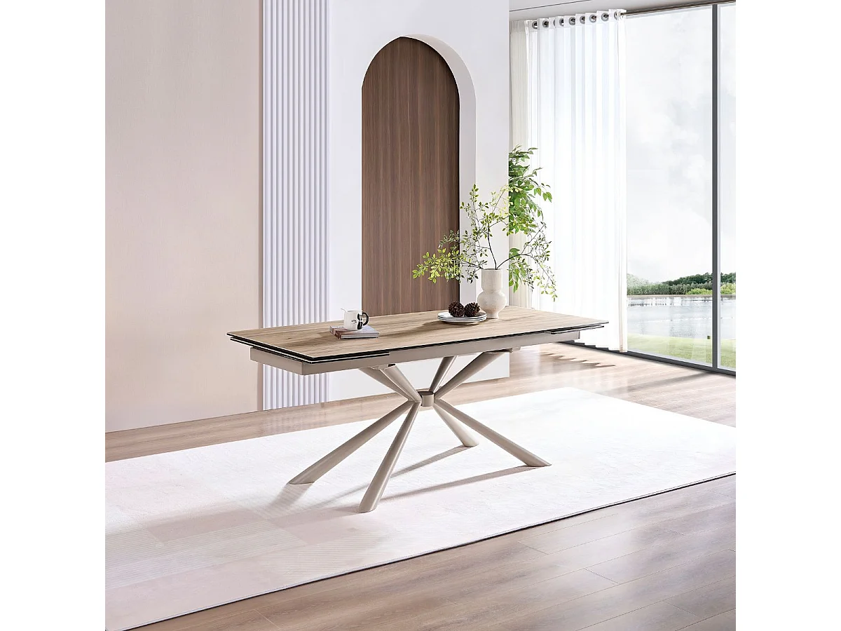 Table repas 180x90cm allongeable plateau en verre et céramique finition chêne pied étoile sable - ECLIPSE