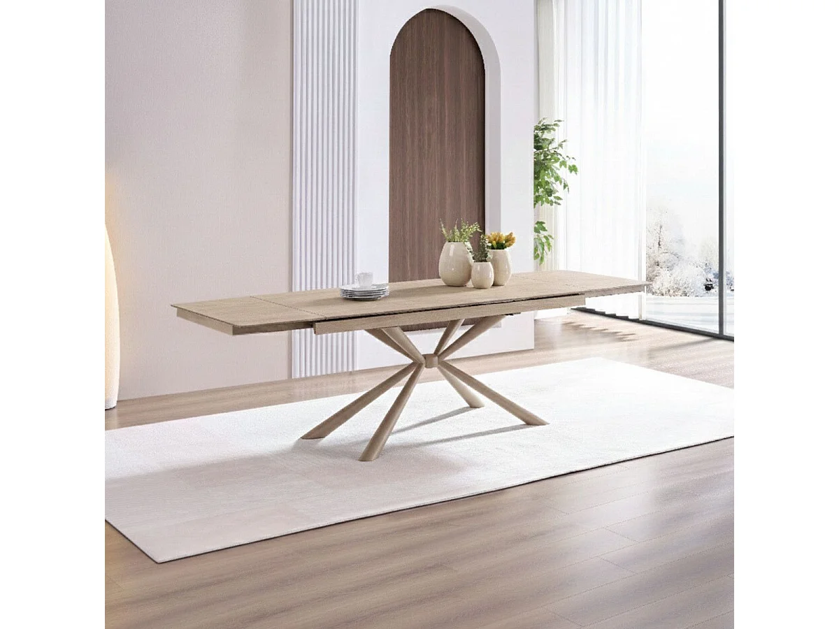Table repas 180x90cm allongeable plateau en verre et céramique finition chêne pied étoile sable - ECLIPSE