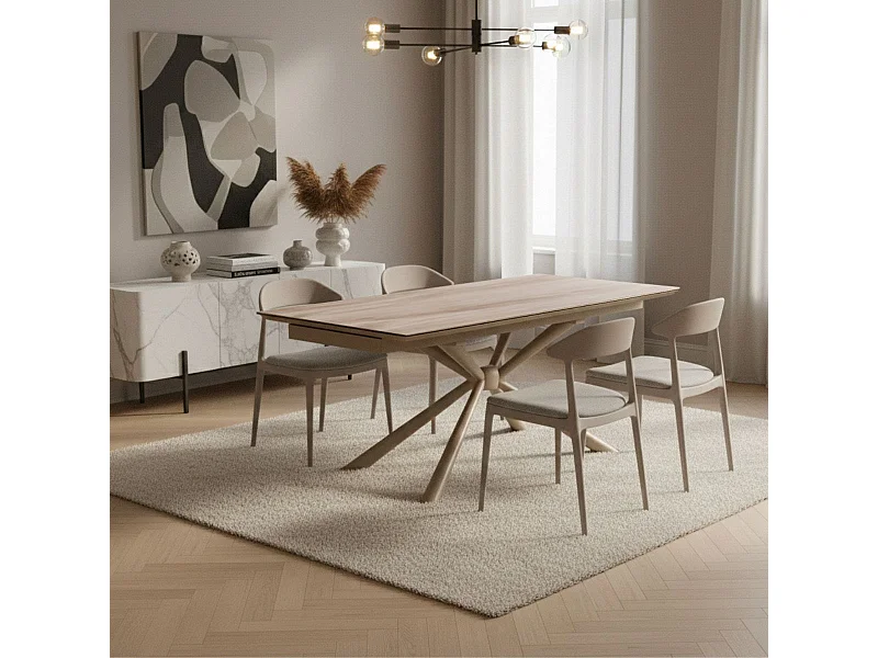 Table repas 180x90cm allongeable plateau en verre et céramique finition chêne pied étoile sable - ECLIPSE