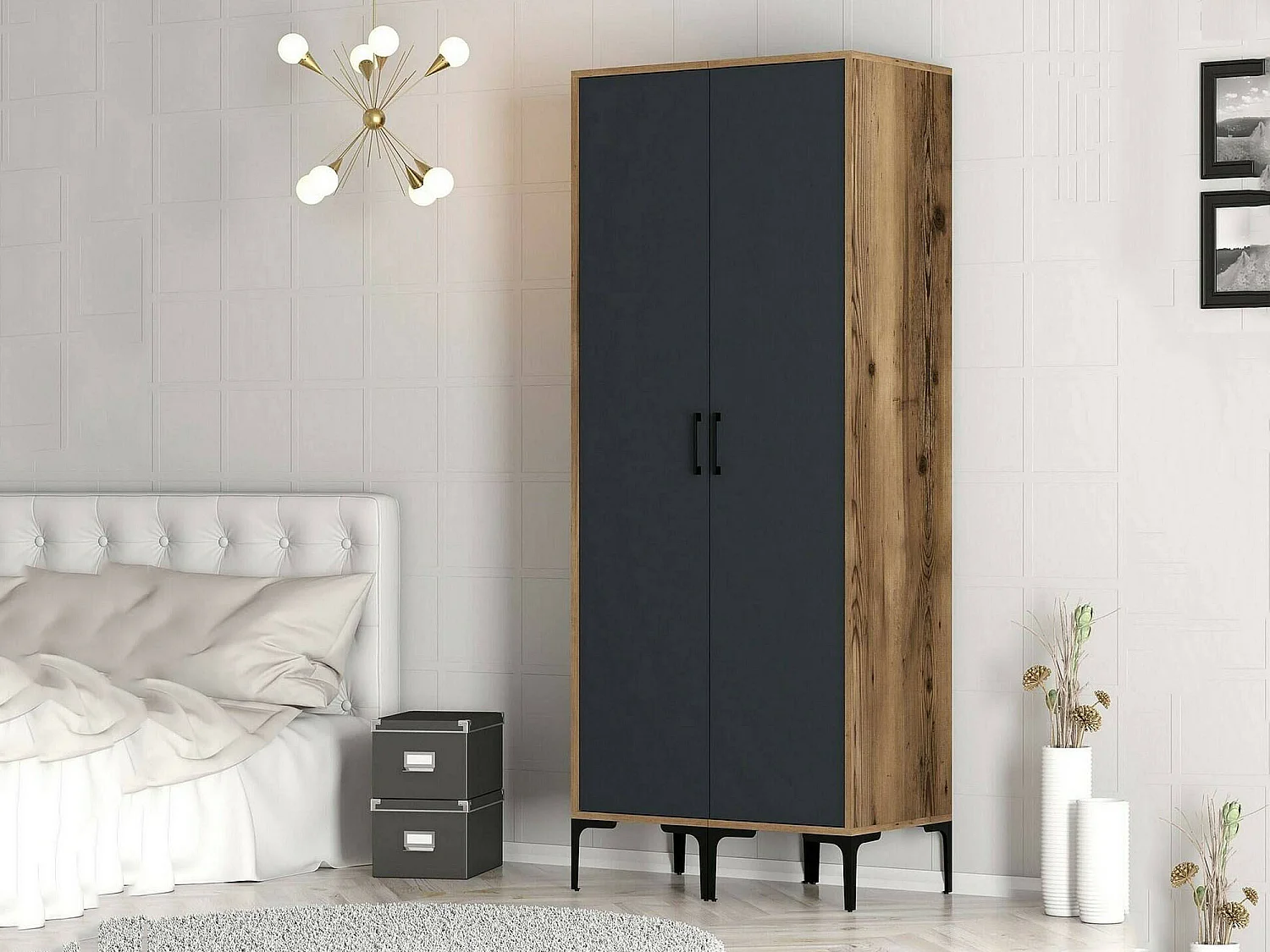 Garde-robe 2 portes Dbonanse, Meubles de chambre, Penderie de plain-pied, Placard à vêtements, 80x201h48 cm, Noyer et Anthracite