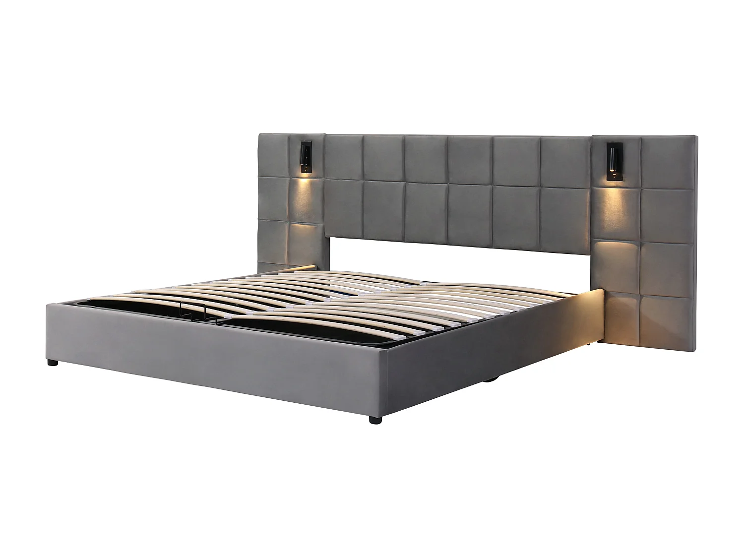 Lit coffre 160x200 cm, ouverture hydraulique, lampe de lecture réglable et USB, tête de lit rembourrée, acier, gris(Sans matelas)