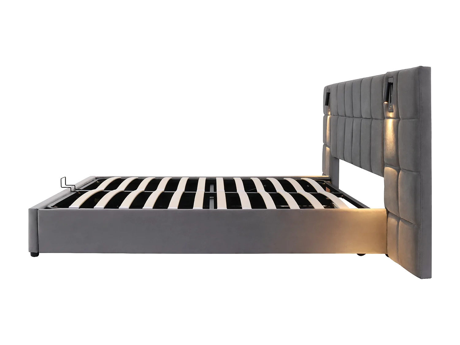 Lit coffre 160x200 cm, ouverture hydraulique, lampe de lecture réglable et USB, tête de lit rembourrée, acier, gris(Sans matelas)