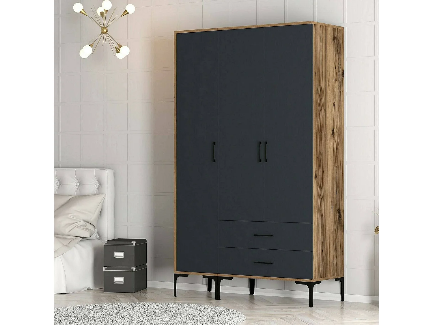 Garde-robe 3 portes Dangiull, Meubles de chambre, Penderie de plain-pied, Placard à vêtements, 120x201h48 cm, Noyer et Anthracite