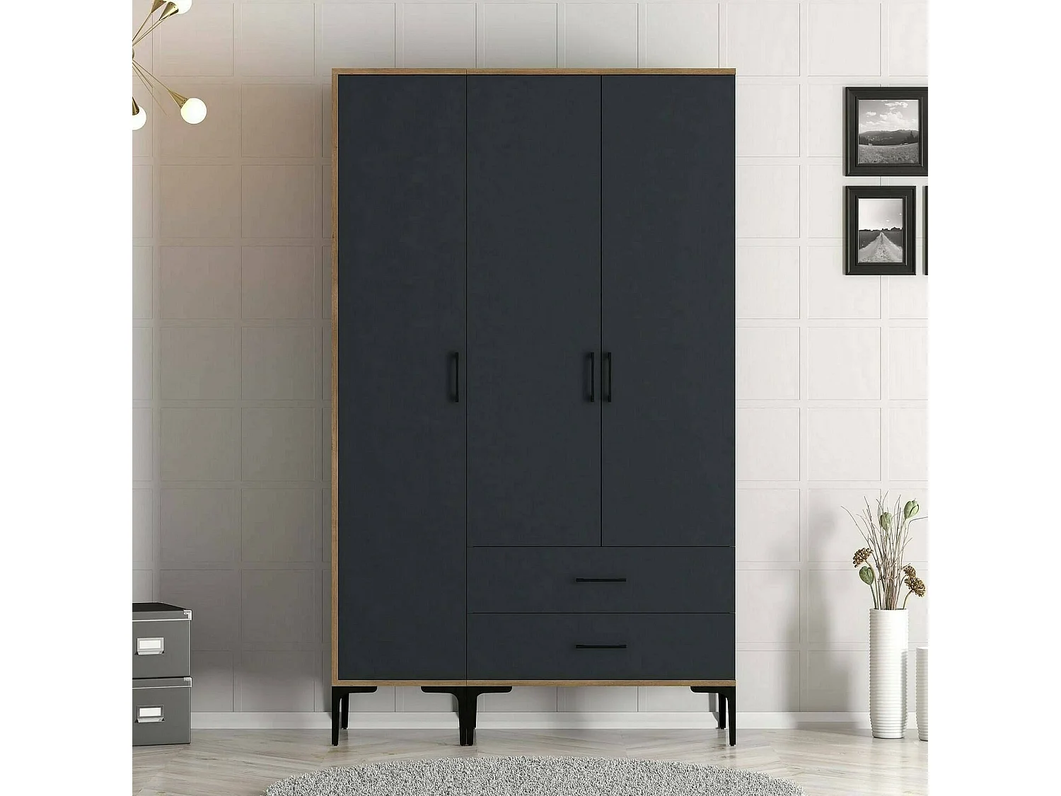 Armário Dangiull de 3 portas, mobiliário de quarto, roupeiro, roupeiro, 120x201h48 cm, nogueira e antracite