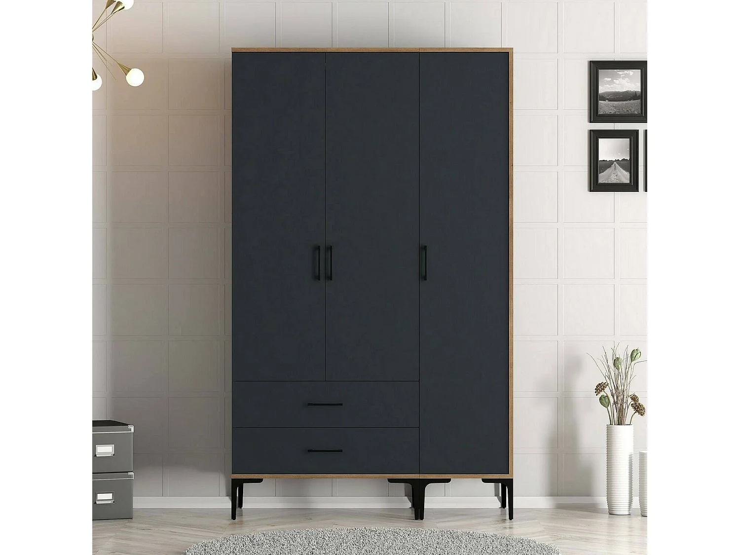 Armário Dangiull de 3 portas, mobiliário de quarto, roupeiro, roupeiro, 120x201h48 cm, nogueira e antracite