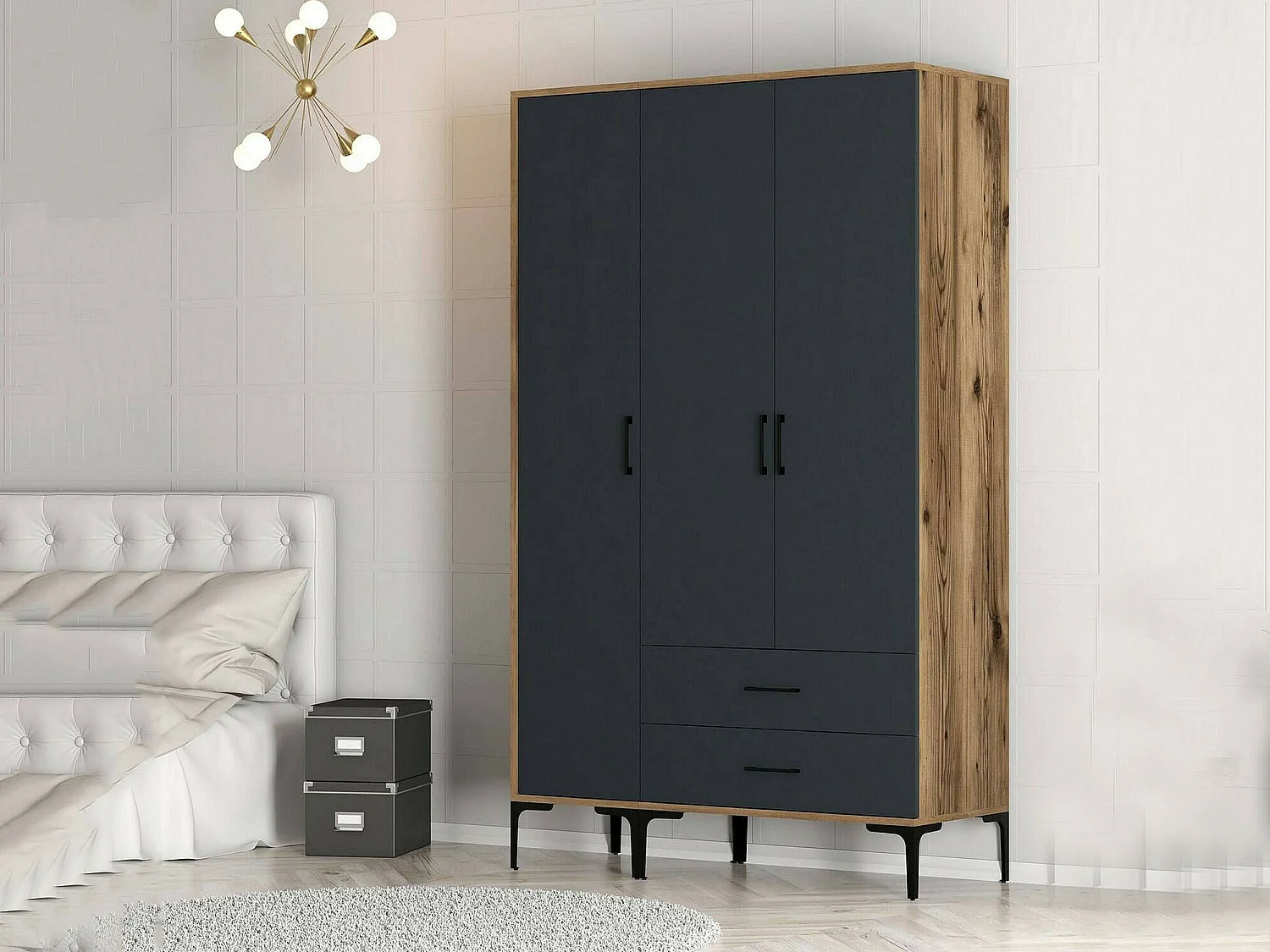 Garde-robe 3 portes Dangiull, Meubles de chambre, Penderie de plain-pied, Placard à vêtements, 120x201h48 cm, Noyer et Anthracite