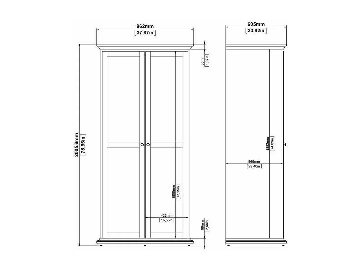 Armário Dschen de 2 portas, Móveis de quarto, Armário, Armário, 96x61 h201 cm, Branco