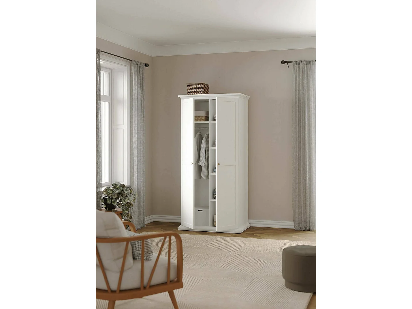 Garde-robe 2 portes Dschen, Meubles de chambre, Penderie de plain-pied, Placard à vêtements, 96x61 h201 cm, Blanc